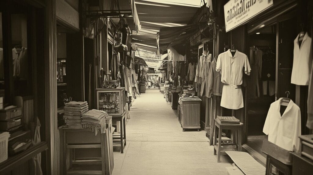 A nostalgic photograph of a traditional Bangkok street lined with tailor shops