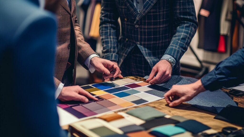 A photo of a tailor and client discussing fabric swatches and sketches, capturing the collaborative nature of the consultation process