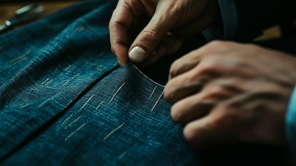 Detailed, close up shots of hands stitching or cutting fabric, showcasing the precision and care involved in tailoring