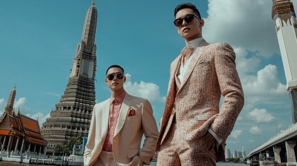 Models wearing garments that blend traditional and modern elements, posed in front of iconic Bangkok landmarks